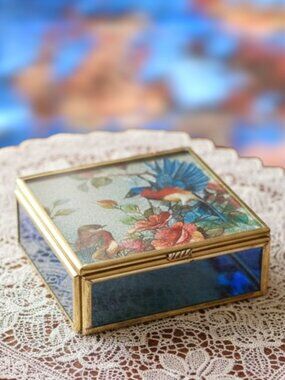 Vintage Enesco Foil Art Trinket Box Glass Brass Mirrored Inside 3.25" x 3.25"